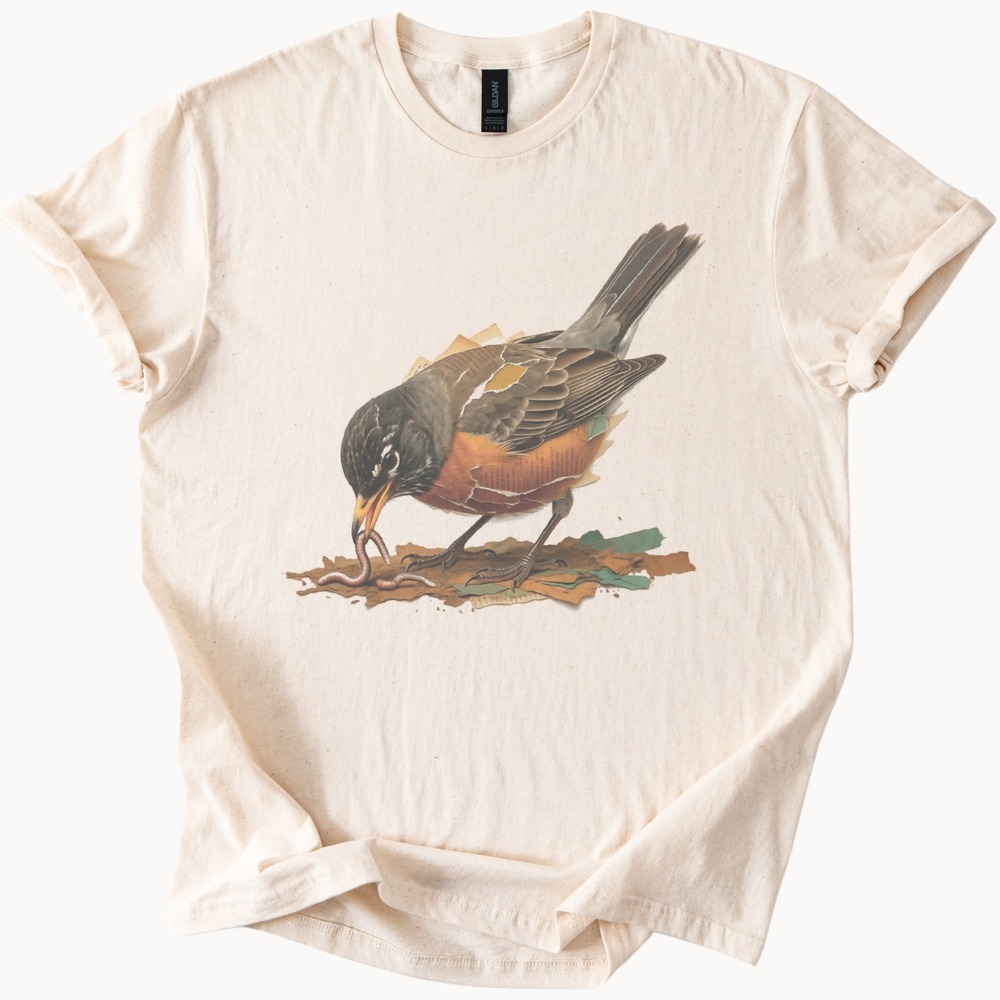 Robin Pulling a Worm from Collaged Newsprint Ground Tee